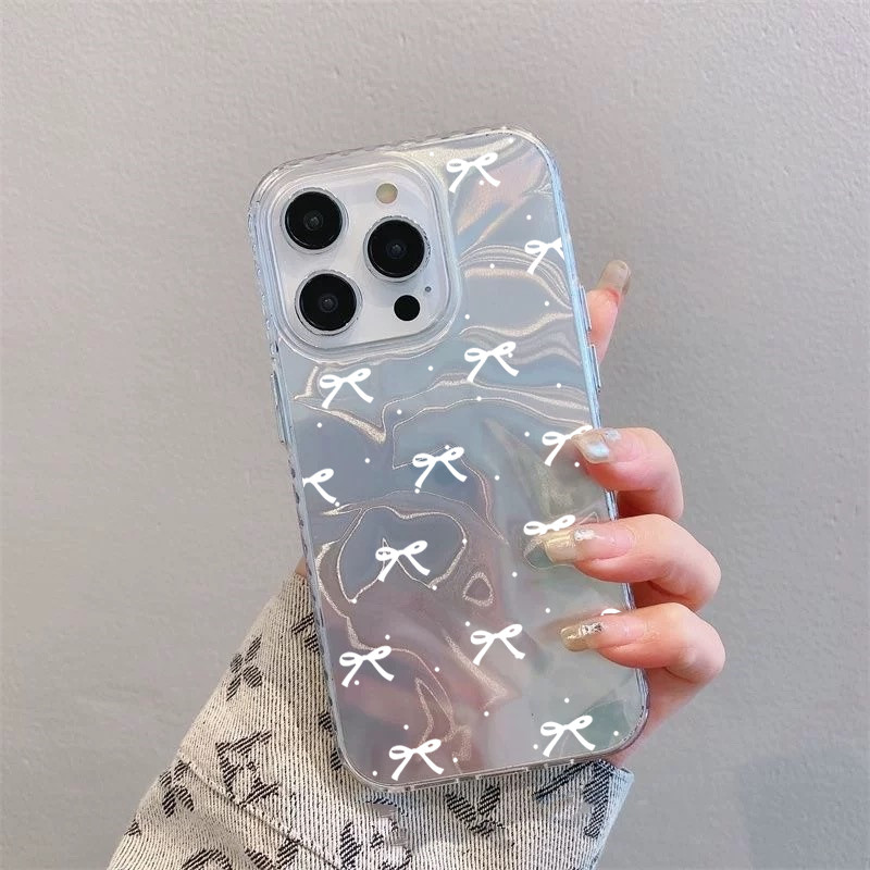 เต็มหน้าจอ โบว์สีขาว 🔥กันได้เคสไอโฟน🔥 16 11 13 15 12 14 Pro Max XR 16 8 7 Plus X XS Max SE หวานรักหัวใจเงาลูกฟูกเคส