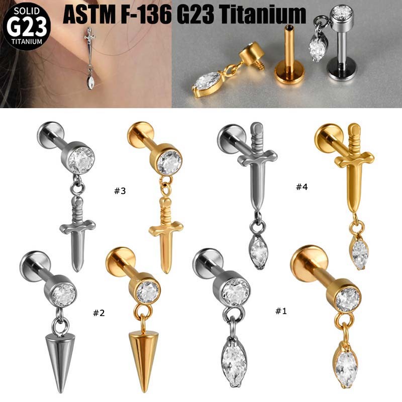 1 ชิ้น G23 ไทเทเนียม Zirconia Dangle Helix ต่างหูเจาะภายในด้าย Labret Stud Lip เจาะ 16Gauge