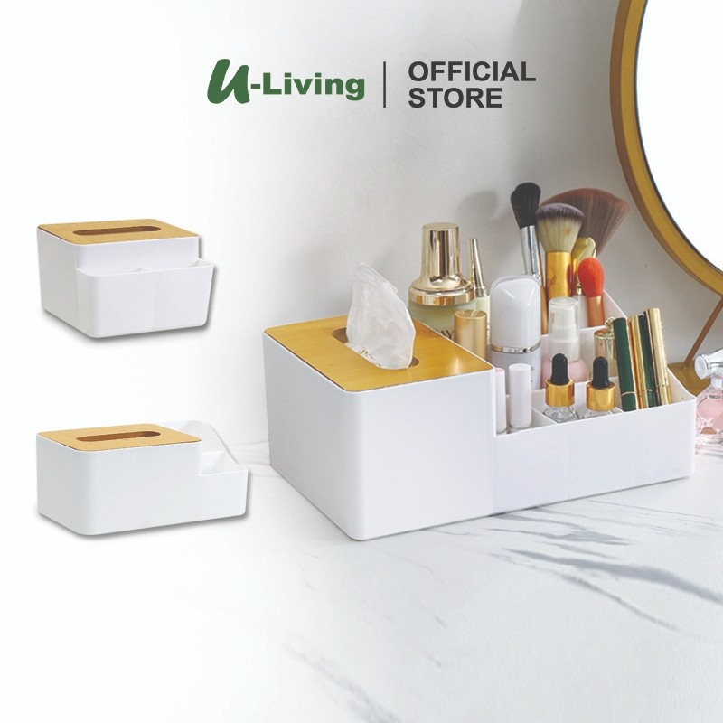 U-Living 2in1 กล่องทิชชู่สีขาว ที่เก็บทิชชู่พร้อมฝาปิดไม้สีขาว KT006