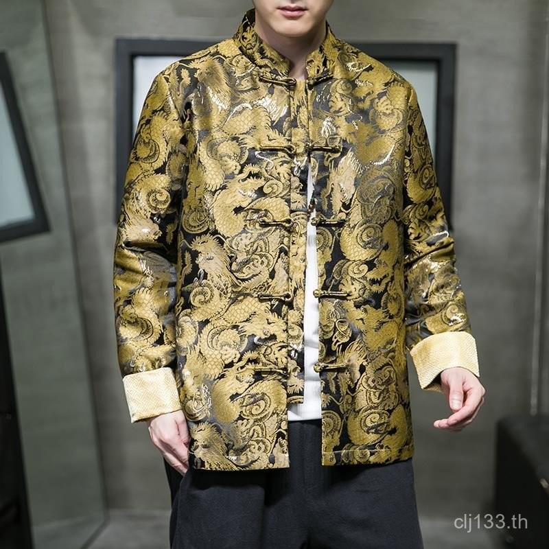 เสื้อแจ็คเก็ตผู้ชายสไตล์จีนชุดฮั่นฟู่ลายมังกรฤดูใบไม้ผลิและฤดูใบไม้ร่วงชุดทูนิคสไตล์จีนย้อนยุคกระดุมจีนคอตั้ง