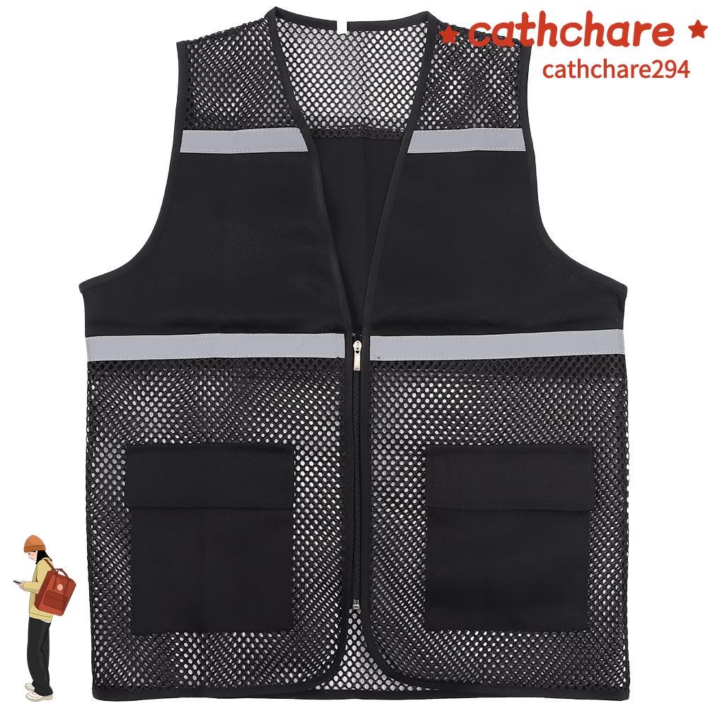Cathchare294 พร้อมแถบสะท้อนแสง, เสื้อกั๊กสแปนเด็กซ์ความปลอดภัย, สําหรับเดินสีดําซิปผ้าระบายอากาศตาข่ายเสื้อกั๊กการก่อสร้างการจราจรรถไฟคนงาน Metro