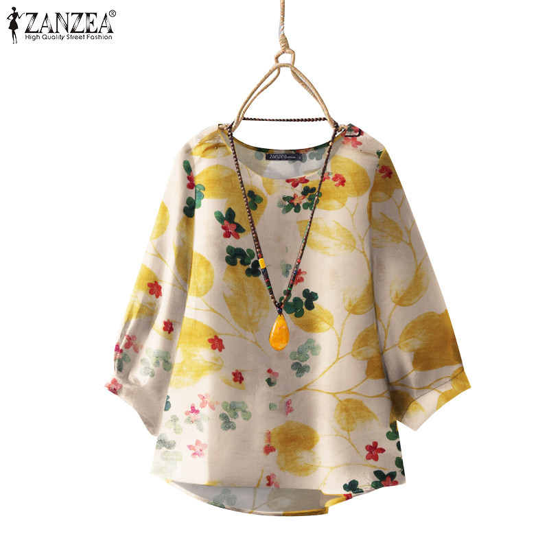 Zanzea เสื้อเบลาส์แขนสามควอตซ์พิมพ์ลายอารมณ์ผู้หญิง