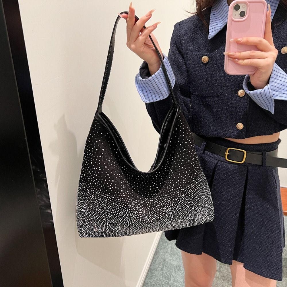 Trendyzone กระเป๋าสะพายไหล่, กระเป๋าถือ Rhinestone เงาความจุขนาดใหญ่, กระเป๋าโท้ตหนังกลับมีซิปสีทึบแฟชั่น
