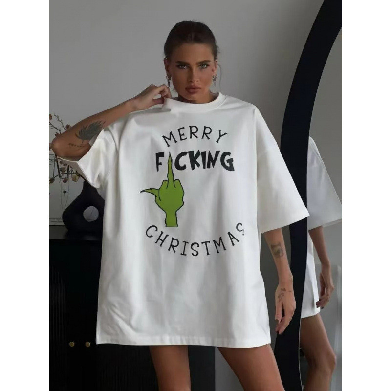 2025 New American Loose Letter พิมพ์เสื้อยืดผ้าฝ้ายแท้สำหรับผู้หญิง