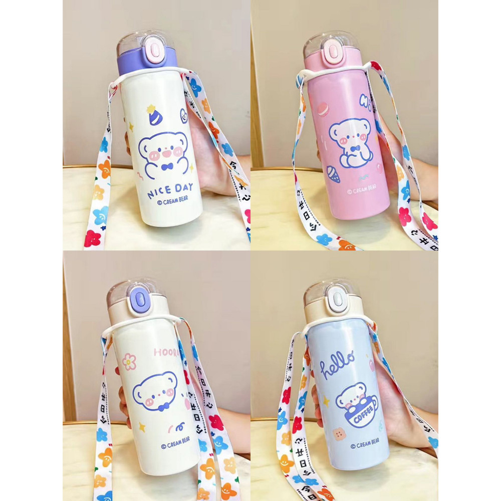กระบอกน้ำ กระติกน้ำสแตนเลส304ขนาด 450 ml。  กันความร้อน กระติกน้ำร้อนและเย็น กันลื่นมี มีสายสะพาย