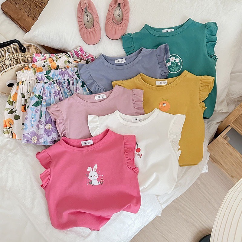 PRETTY BABY เสื้อยืดเด็กผู้หญิง เสื้อแขนกุด ลายการ์ตูน ลายดอกไม้(1445)