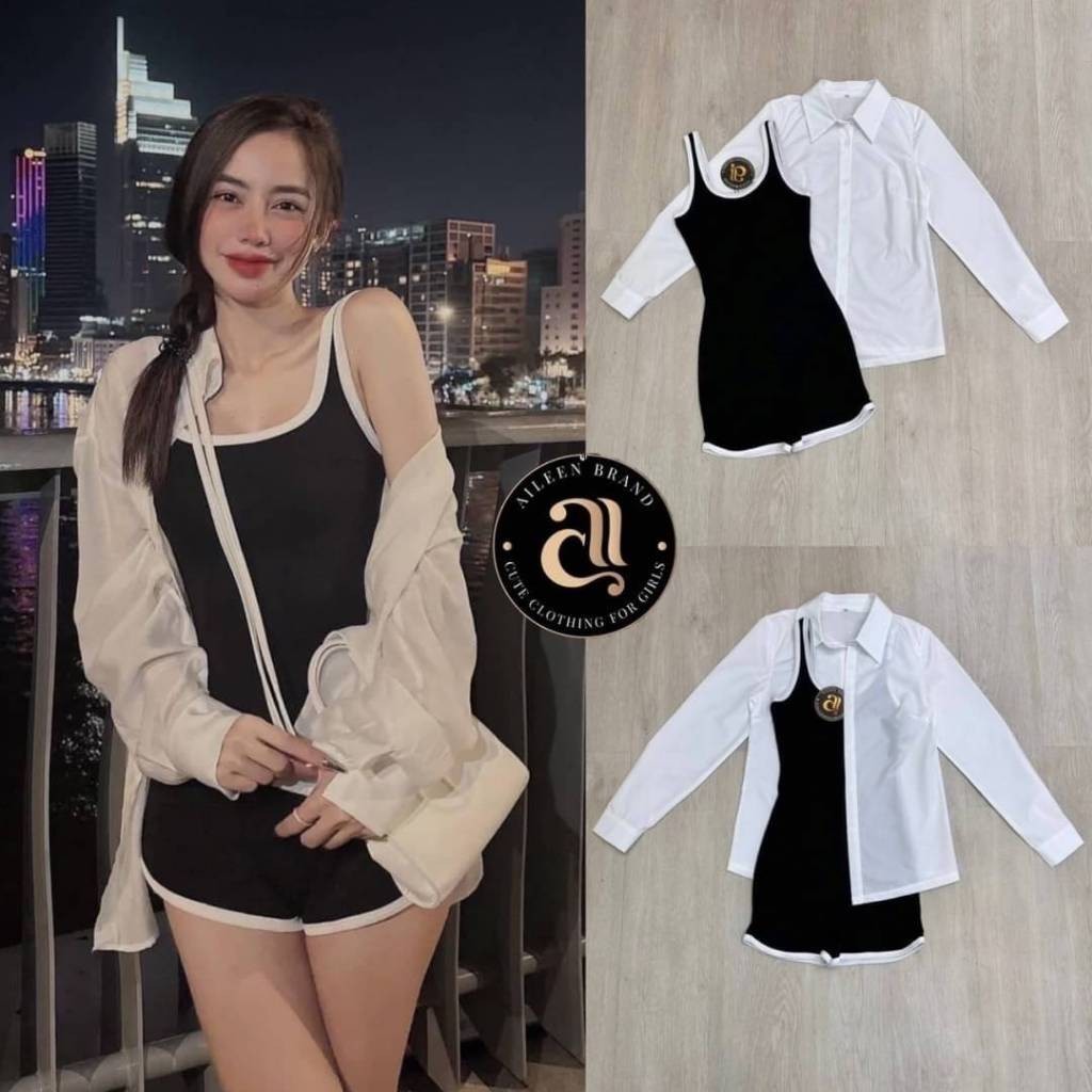 PD (พร้อมส่ง) Aileen3 Set 2 ชิ้น สูทแขนกุดขาสั้นเนื้อผ้าร่องนิ่มสีดำไม่เสริมฟองน้ำ ไม่มีซิปเสื้อเชิ๊