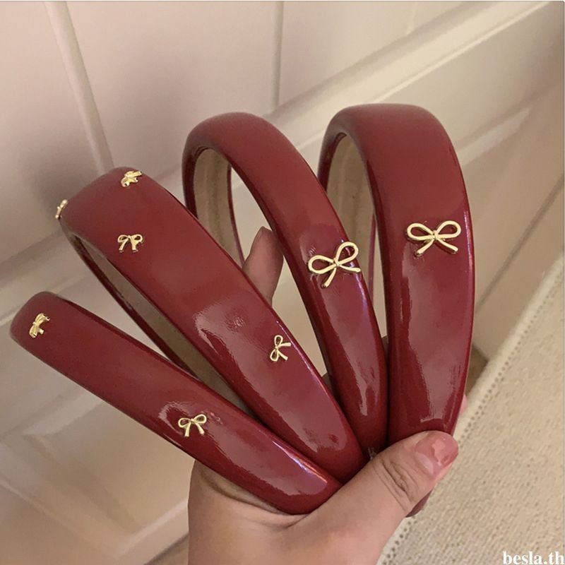 besla.th ที่คาดผมหนังสีแดง ที่คาดผมโบว์บรรยากาศ เครื่องประดับผมวินเทจระดับไฮเอนด์ - รูปที่ 4