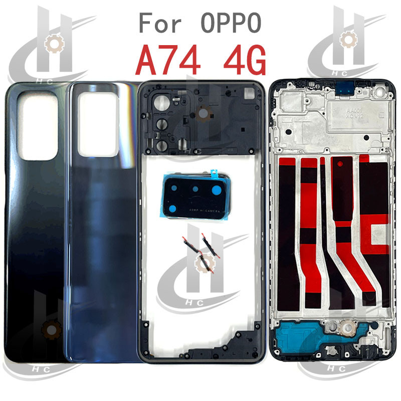 สําหรับ OPPO A74 4G CPH2219 แบตเตอรี่ฝาหลังที่อยู่อาศัยกรอบกลาง + ปุ่ม + กรอบด้านหน้า LCD + เลนส์กล้อง – โปรปัง