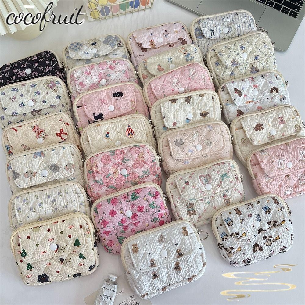 COCOFRUIT กระเป๋าใส่เหรียญลายดอกไม้การ์ตูน, กระเป๋าใส่เหรียญที่สําคัญแบบพกพาน่ารักถุงเก็บผ้านวม, ของขวัญมัลติฟังก์ชั่ Quilted ID Holder Card Hold