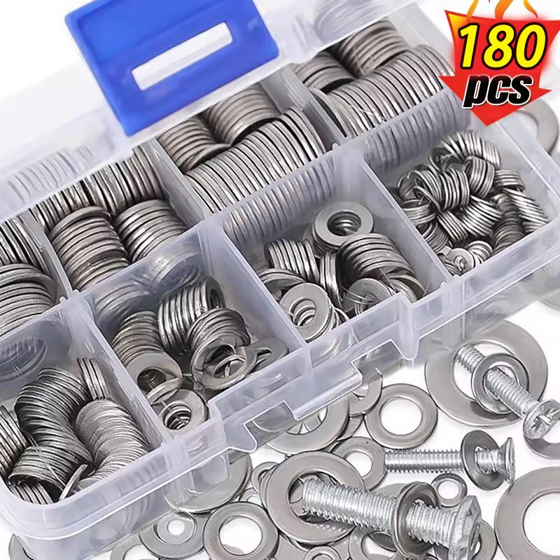 180 ชิ้น/กล่องเครื่องซักผ้าปะเก็นสแตนเลส / M2-M10 แหวนปะเก็นแบน Assortment Kit / เครื่องซักผ้าฮาร์ดแวร์