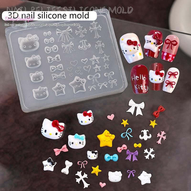 <DBFl-t> ประณีตโปร่งใสโบว์ Hello Kitty แมวเล็บแกะสลักแม่พิมพ์ 3D แม่พิมพ์ Diy ออกแบบแม่แบบแม่พิมพ์สร้างสรรค์เล็บแม่พิมพ์ของขวัญใหม่