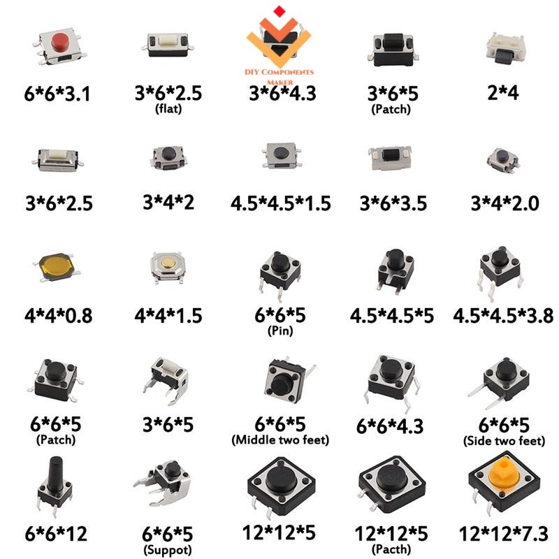 25 ชนิด 125 ชิ้น Micro Switch Push Tact ปุ่มเปิด/ปิด Touch Button Switch Assortment ชุด