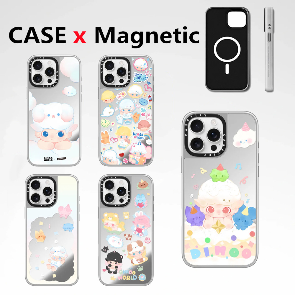 Casetify Electroplated Silver Border Mirror Effectเคสโทรศัพท์แม่เหล็กPOP MART DIMOO WORLDFor iPhone 16 15 14 13 12 Pro Max 16 15 14 Plusกันกระแทกปกแข็งปลอก