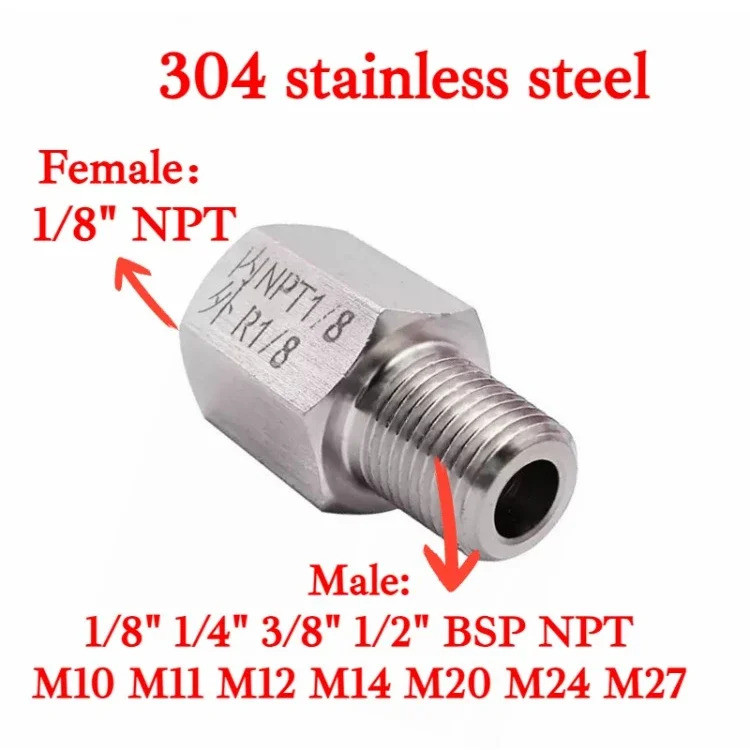 1/8 "NPT หญิงชาย M10 M12 1/8" 1/4 "3/8" BSP HEX ลดบุช304สแตนเลสอะแดปเตอร์แรงดันสูงสำหรับเครื่องวัดความดัน