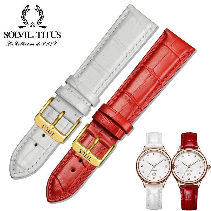 Titus/titus สายนาฬิกาสีแดงสีฟ้าหญิงนาฬิกาหนังแท้โซ่ Pin Buckle 12 14 16 18 20 มม.