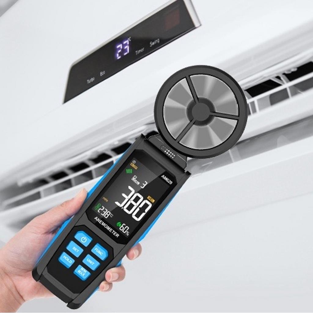 เครื่องวัดความเร็วลมดิจิตอลแบบใช้มือถือเครื่องวัดความเร็วลมสวมทนอุณหภูมิความชื้นวัดคำเตือนแรงดันไฟฟ้าต่ำพร้อมหน้าจอ LCD Backlit สำหรับการนำทาง