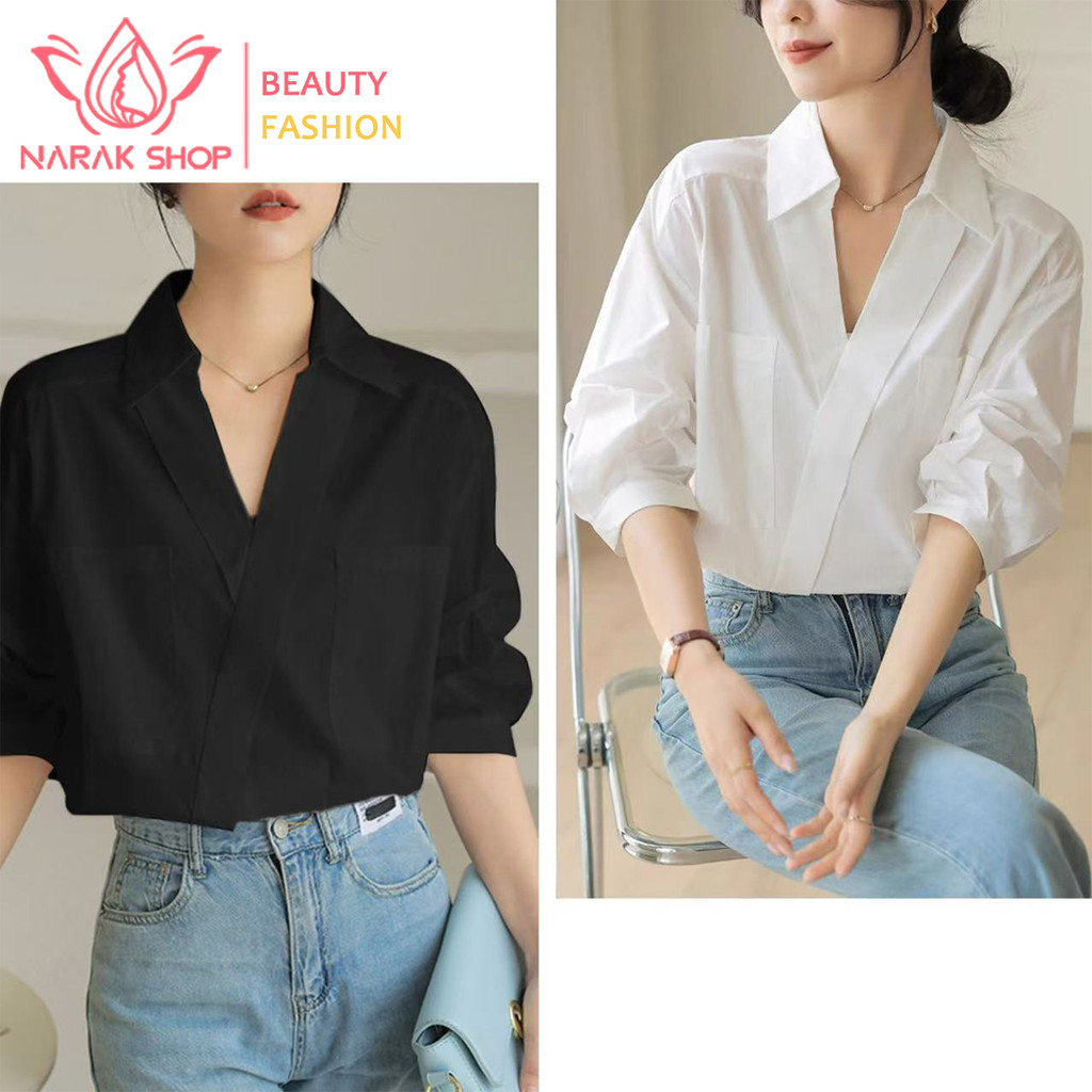 เสื้อเชิ้ตแขนสั้นสีขาว ดีไซน์เรียบหรู สำหรับสาวๆ