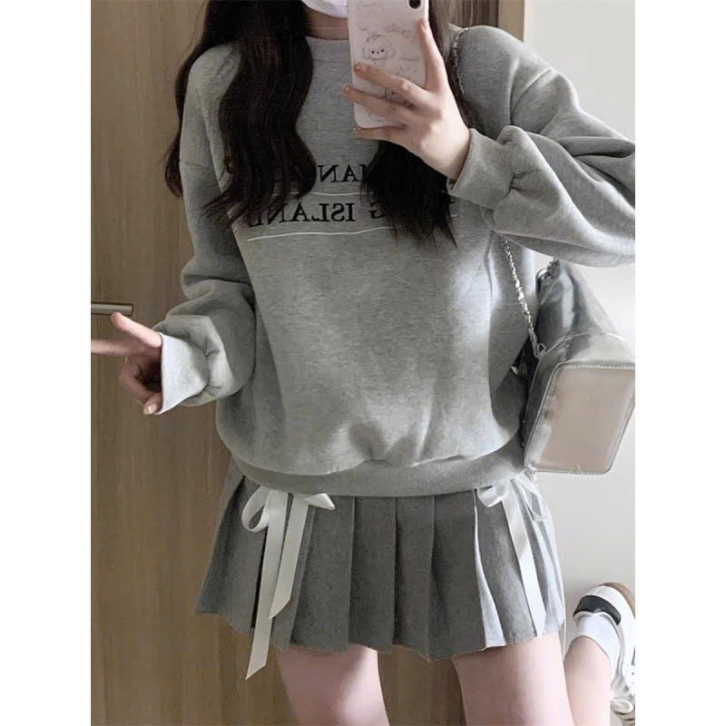 Swt Flannel SET รอบคอด้วย EMBROIDERED LETTERS ผสม EXTREMELY BEAUTIFUL ม้วนกระโปรงพร้อมโบว์, YOUTHY, 