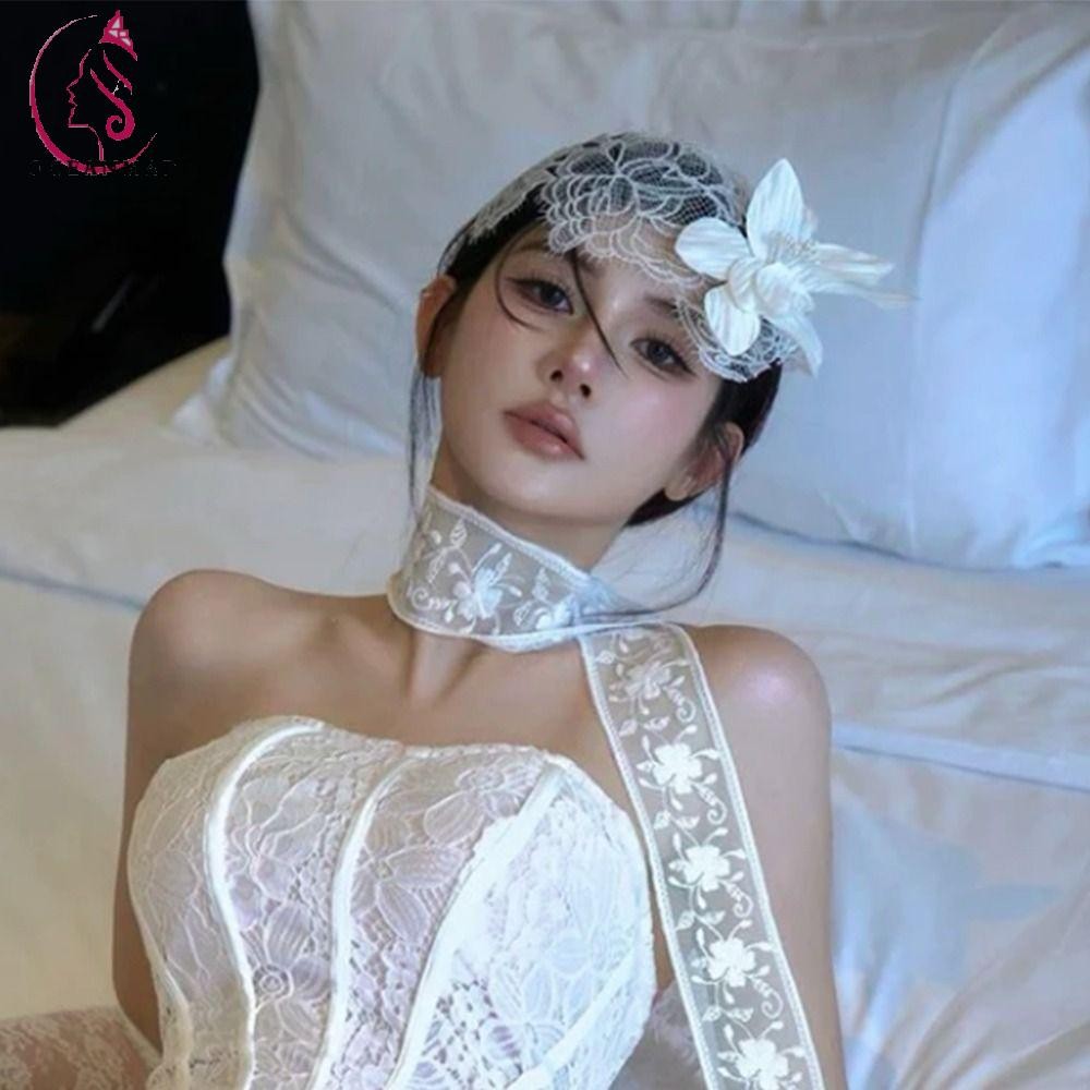 มหาสมุทรมาป หมวกดอกไม้ลูกไม้เจ้าสาว,ย้อนยุคถ่ายภาพเจ้าสาวผ้าโพกศีรษะ,สไตล์ฝรั่งเศสหรูหราจัดเลี้ยงงานแต่งงานคาดศีรษะเครื่องประดับผม