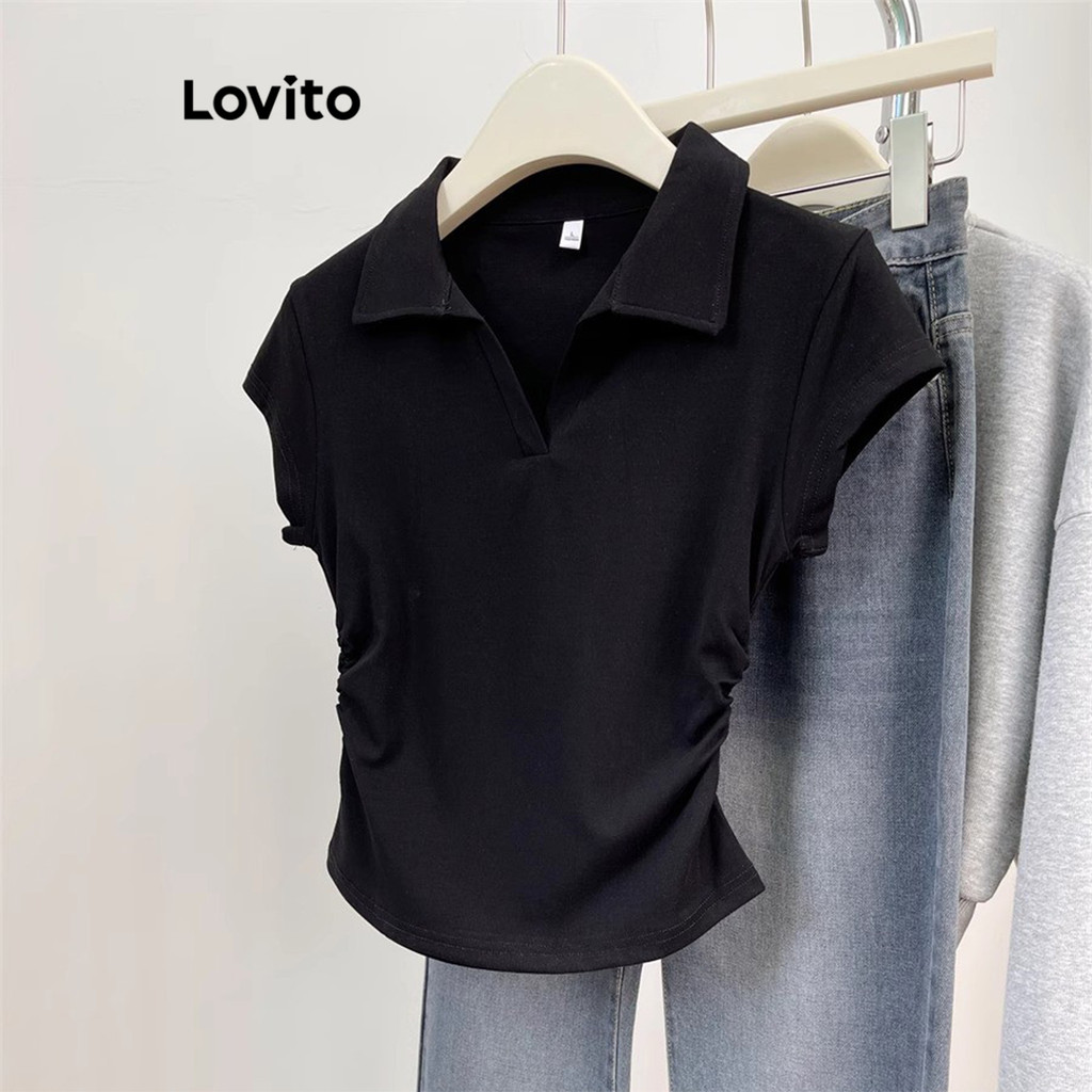 (Trendy) Lovito เสื้อยืดลําลองเสื้อยืด ยักไหล่ ธรรมดาสําหรับผู้หญิง LNE62535