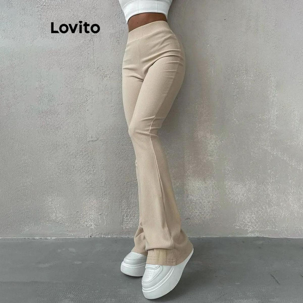 Lovito กางเกงผู้หญิง ผ้าถัก สีพื้น สไตล์ลำลอง LNL61025