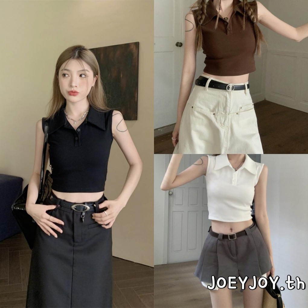 Joeyjoy-เสื้อกล้ามสีทึบสําหรับผู้หญิงเปิดลงปุ่มคอปกเสื้อลําลอง