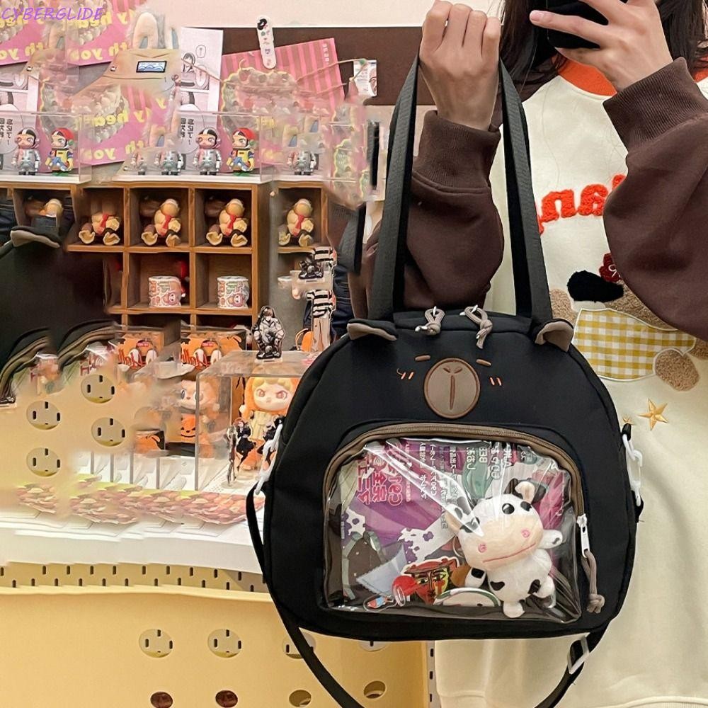 Cyberglide Transparent Itabag, กระเป๋าสะพาย Capybara สไตล์ญี่ปุ่นฮาราจูกุ, ป้ายแบบพกพาแสดงความจุขนาดใหญ่กระเป๋าผ้าใบลําลองนักเรียน