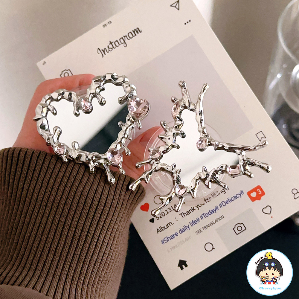 Luxury Love Heart กระจกผีเสื้อโทรศัพท์ Grip Tok Griptok ที่วางเกาหลีสําหรับอุปกรณ์เสริม IPhone ที่วางโทรศัพท์สากล