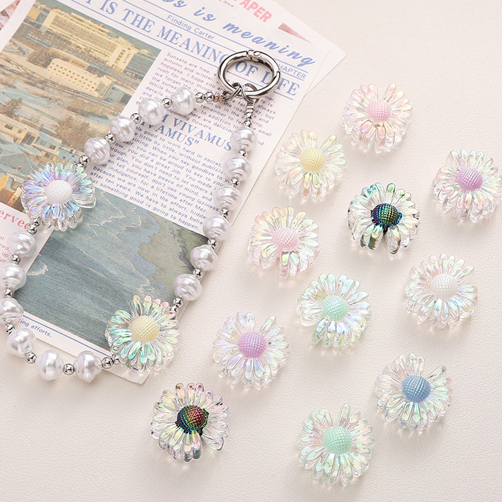 2 ชิ้น [25 มม.] ลูกปัดดอกทานตะวันที่มีสีสันโปร่งใสสี-Plated ดอกไม้ลูกปัด DIY โทรศัพท์มือถือ Key Chain อุปกรณ์เสริม