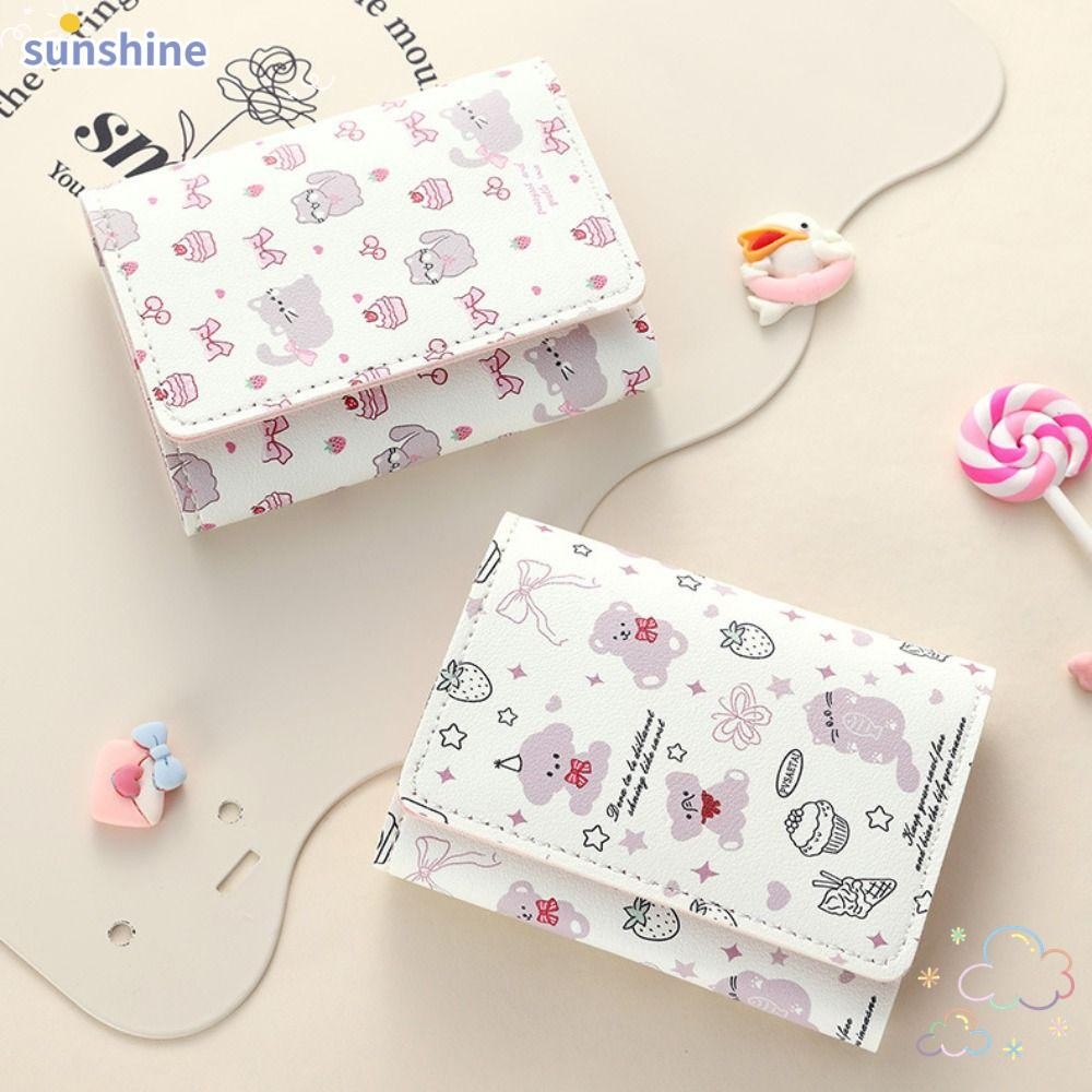 SSUNSHINE กระเป๋าสตางค์ใบสั้น กระเป๋าใส่เหรียญ Bowknot Kitty ลายการ์ตูน PU Leather Card Holder Gift