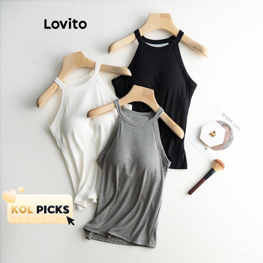 (KOL‘s pick) Lovito เสื้อกล้ามผู้หญิง มีซับตรงอก สีพื้น สไตล์ลำลอง LNL36137 (สีกากี/สีแอปริคอท/สีเทา