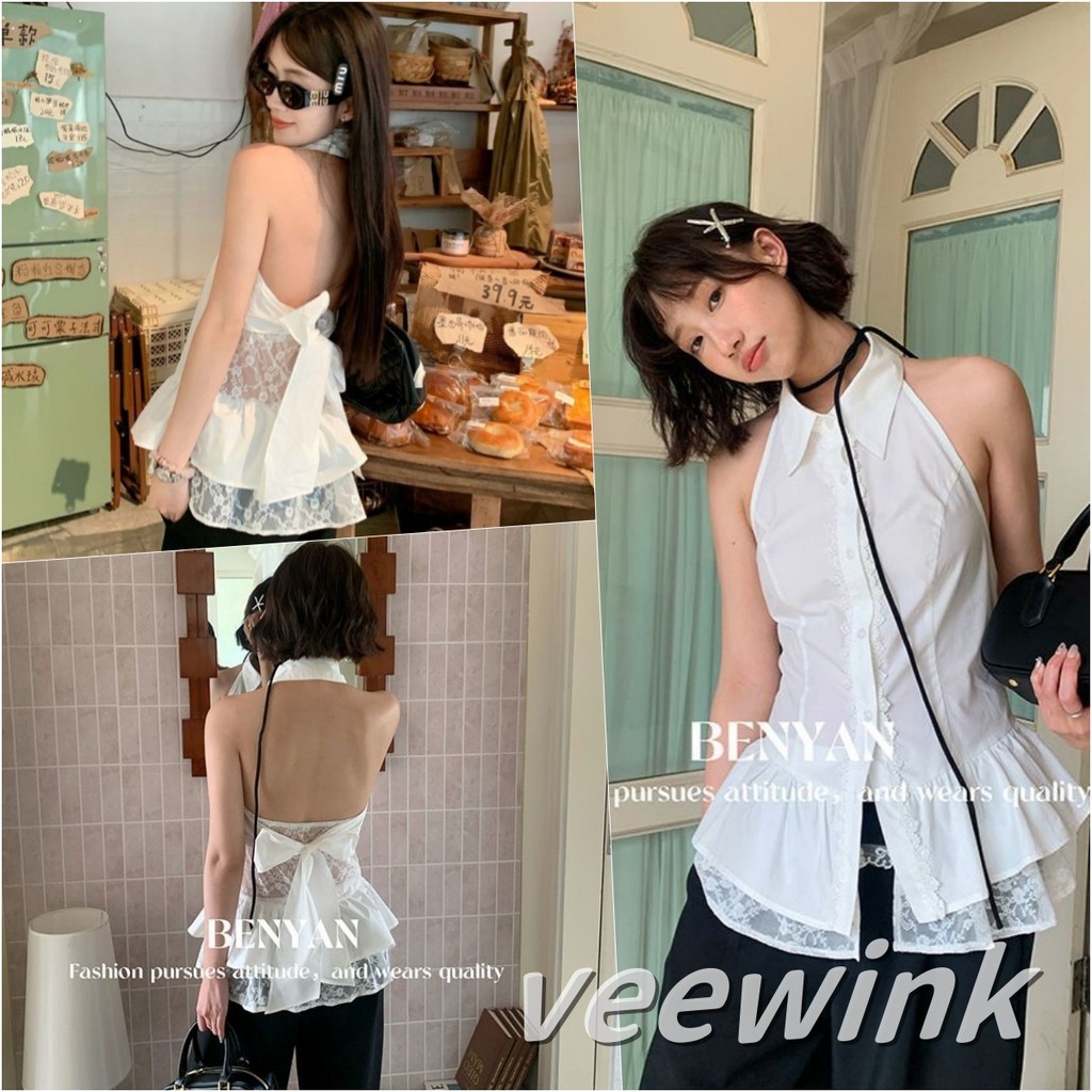 Veewink พร้อมส่งจากกทม เสื้อกั๊กลูกไม้โบว์สไตล์เกาหลี สีขาวเซ็กซี่น่ารัก ใส่สบาย