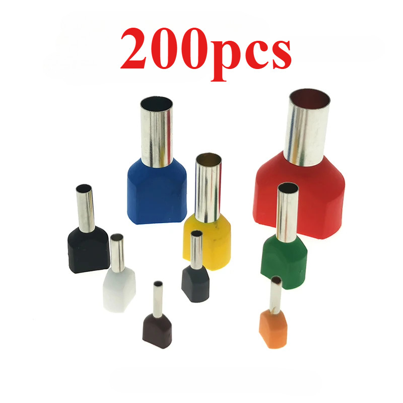 200 ชิ้น Dual Cable ฉนวนกันความร้อน Wire End Clamp TE0508 ~ TE25-10 Dual Cable ทองแดงแขน 14-22AWG