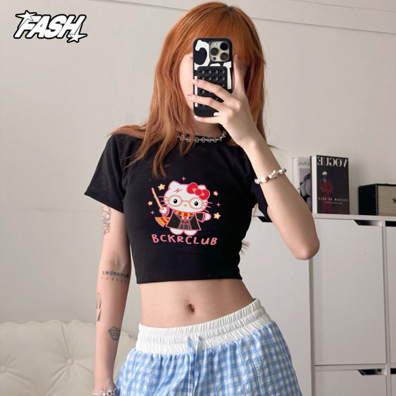 เสื้อยืดเอวลอยผู้หญิง baby tee คอกลม แฟชั่นเกาหลี เซ็กซี่ ใส่แล้วดูผอม แมตช์ง่าย YG2172