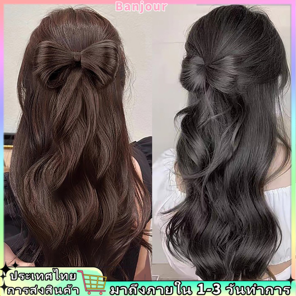 แฟชั่นสาวโบว์หยิกพู่คลิปวิกผมผู้หญิงถักผมหางม้าสูงส่วนขยาย