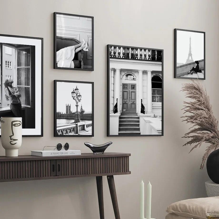 Wall Art สีดําสีขาว Paris ผ้าเช็ดตัวแฟชั่นสาว Vintage London House ห้องนั่งเล่นตกแต่งโปสเตอร์และพิมพ์ผ้าใบภาพวาดภาพ