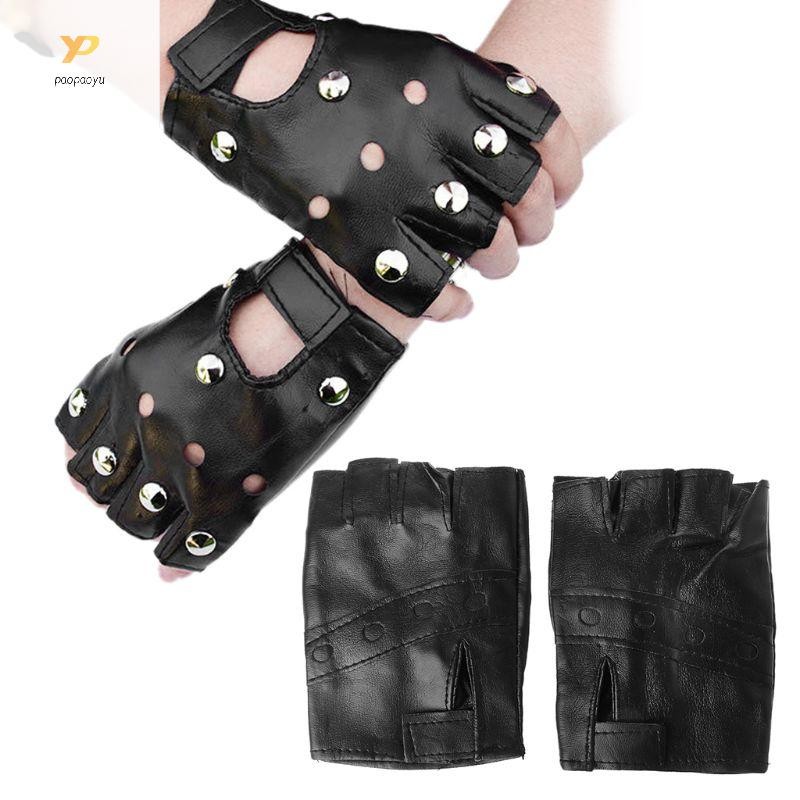 Ppy แฟชั่นมอเตอร์ Punk ถุงมือ Unisex สีดํา Faux หนัง Fingerless ขับรถ Mittens