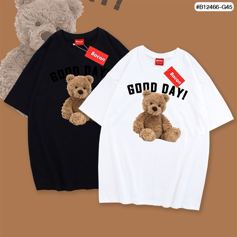 ผ้าฝ้ายแท้ คุณภาพดี (ส่งจากไทย ) เสื้อยืดขาวดำ | หมี S M
