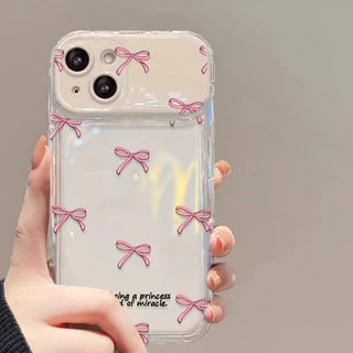 Good🔥จัดส่งในพื้นที่ เคสโทรศัพท์กระจกแต่งหน้าโบว์สีชมพูเข้ากันได้กับ iPhone X XR XS 11 13 15 12 Pro Max 7 8 14 15 Plus