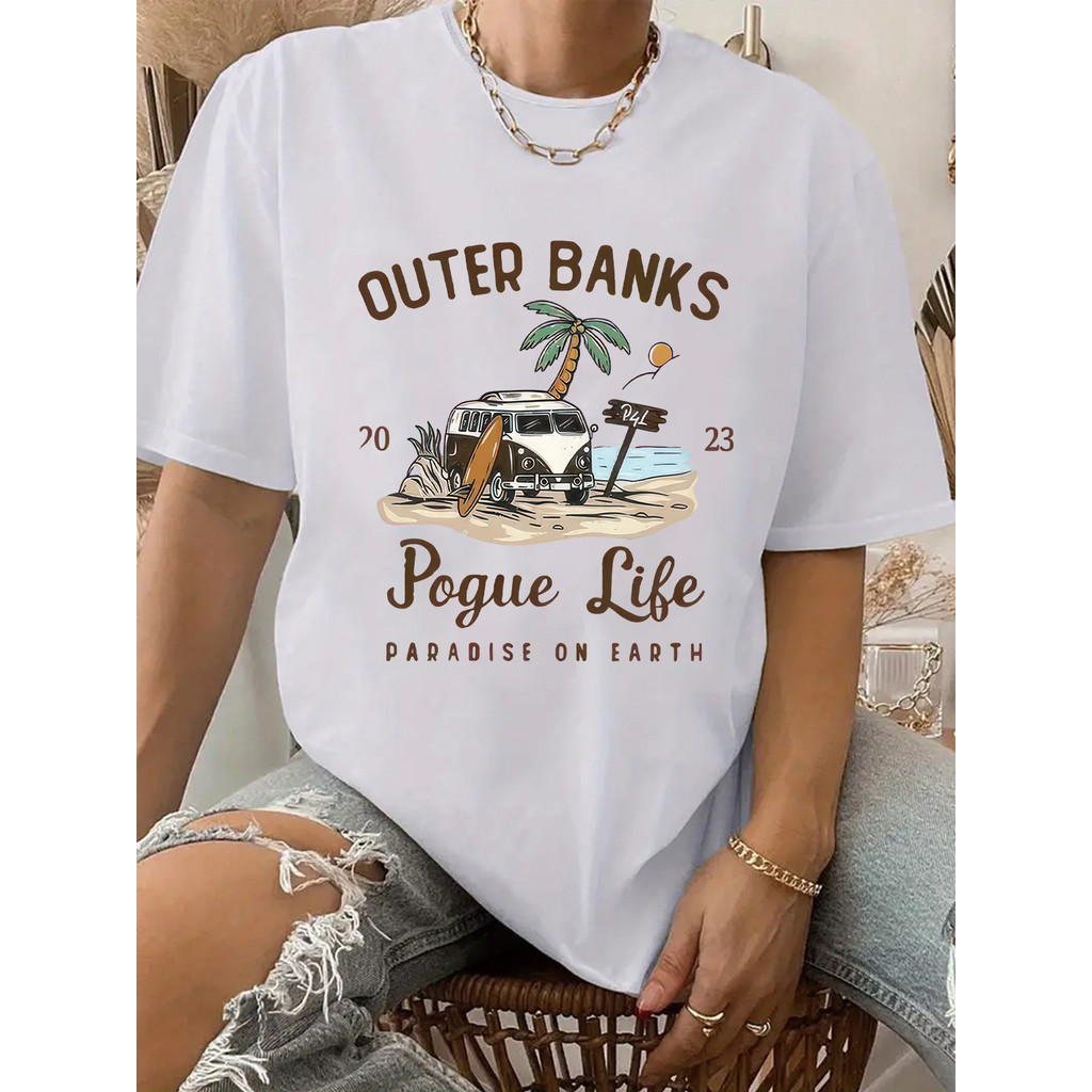 ✨พร้อมส่ง✨ลําลองแขนสั้น Outer Banks พิมพ์เสื้อยืดคอกลมสําหรับฤดูใบไม้ผลิและฤดูร้อนเสื้อผ้าสตรีความงา