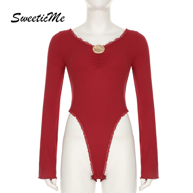 SweeticMe ผู้หญิงเซ็กซี่คอวีแขนยาว Slim Fit Cause ชุดบอดี้สูท — صورة 7