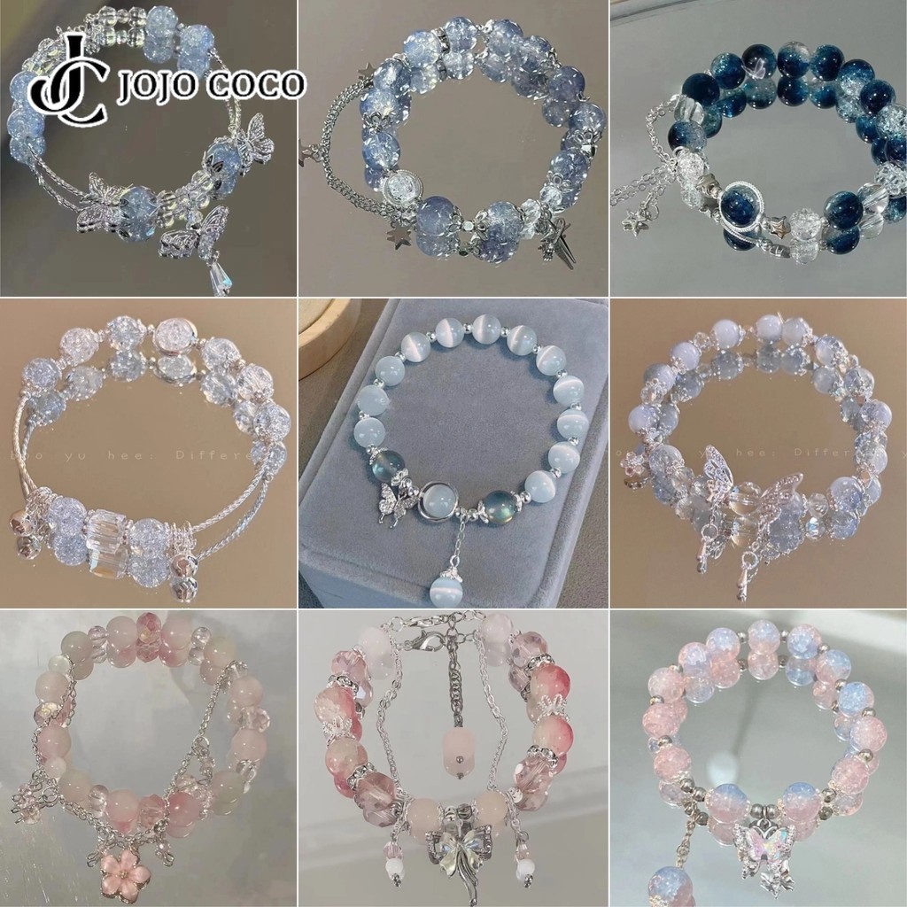 Jojo COCO สร้อยข้อมือจี้ลูกปัดผีเสื้อเคลือบระเบิดสีไล่ระดับสีสําหรับผู้หญิงสาว