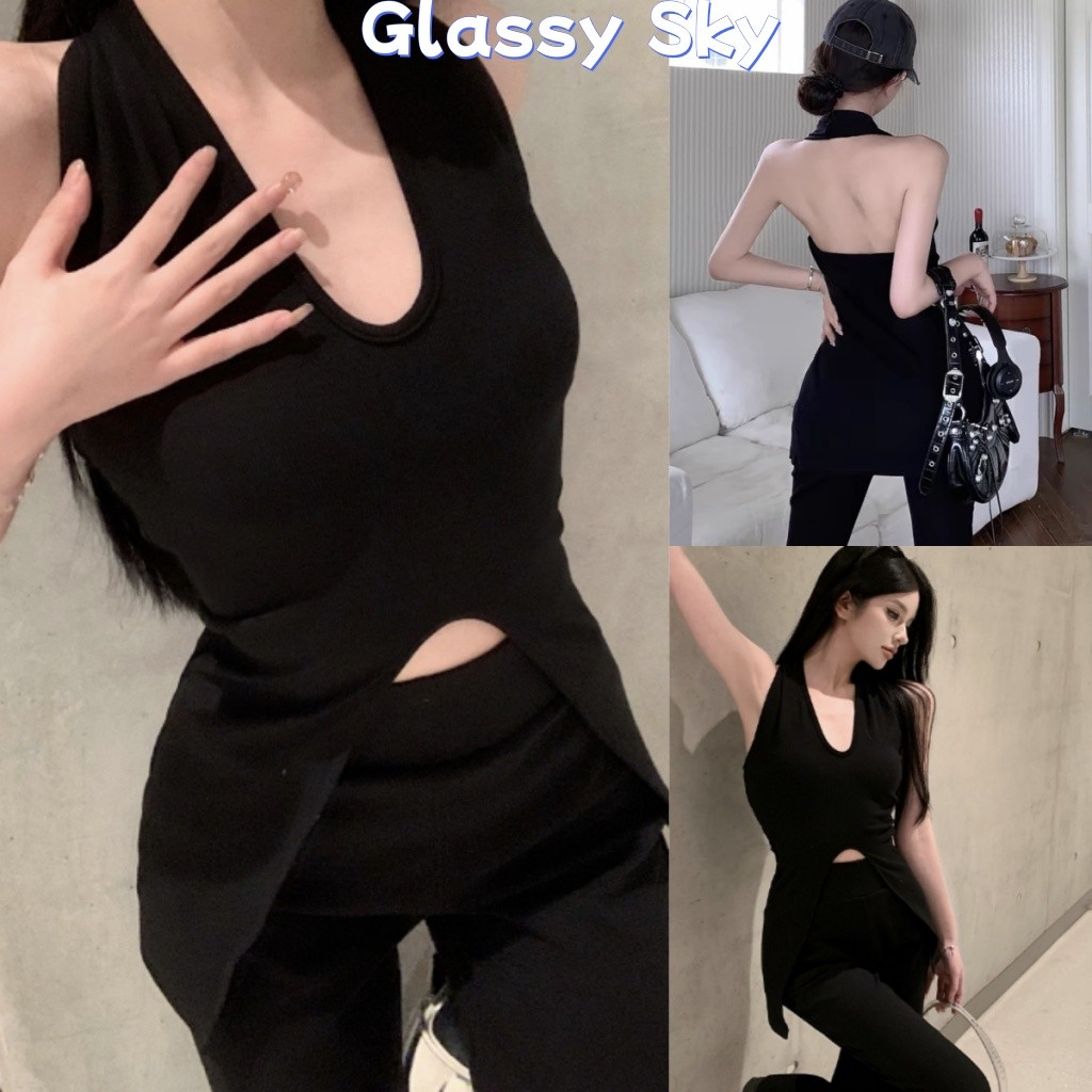 Glassy Sky💖พร้อมส่ง💖เสื้อคล้องคอไหมพรม ดีเทลเว้าหลังหน้า ผ้าร่อง เสื้อยืดแฟชั่นเกาหลี(Y2622)