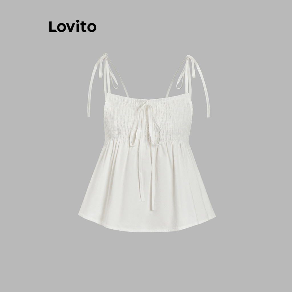 (Trendy) Lovito เสื้อกล้ามลําลองเสื้อกล้ามสม็อคสีพื้นสําหรับผู้หญิง L99ED323