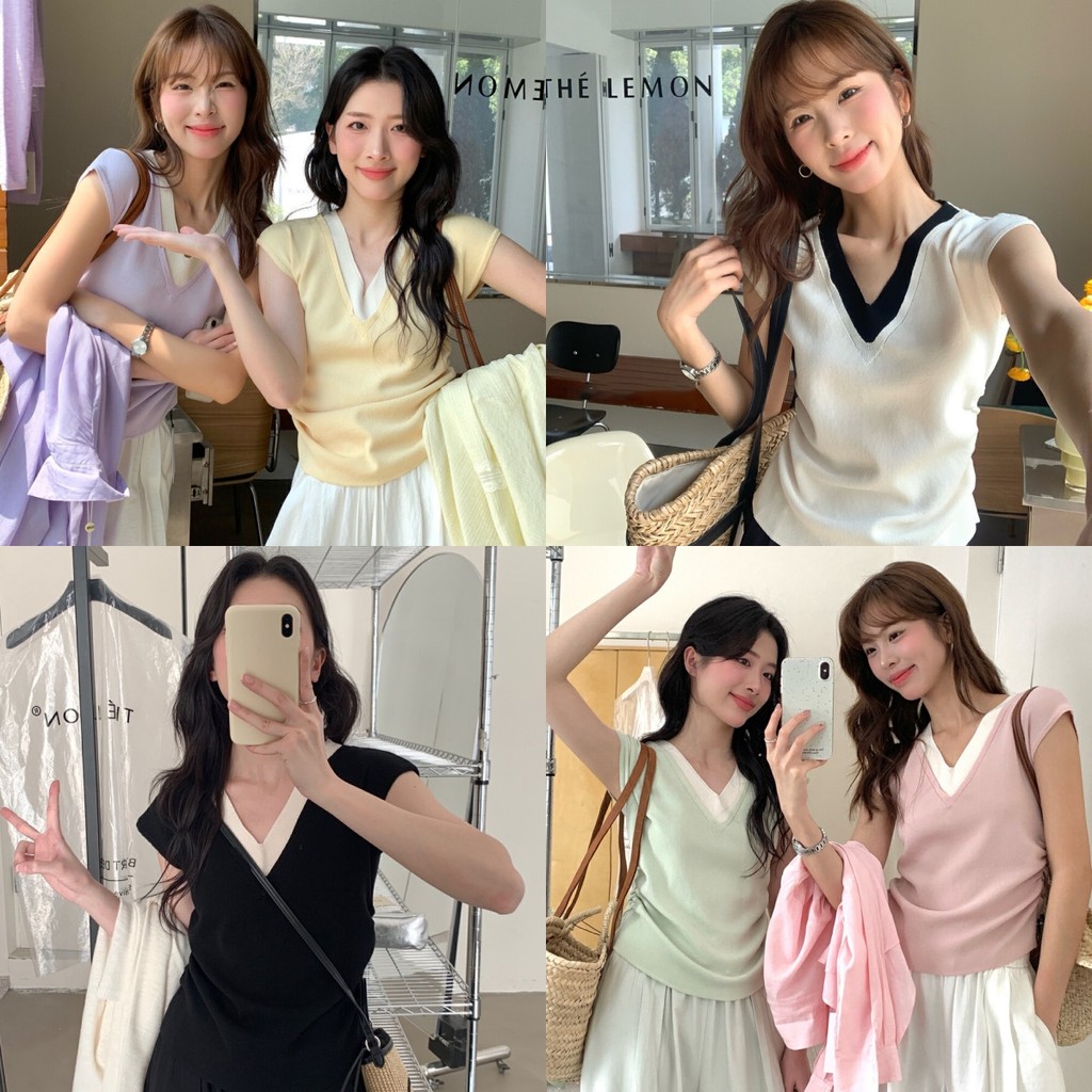 🖤Kayla🖤เสื้อยืด คอวี แขนสั้น สีสดใสพาสเทล เข้ารูป ผ้าถัก เสื้อครอป สไตล์ลำลอง แฟชั่น ใส่สบาย#76137