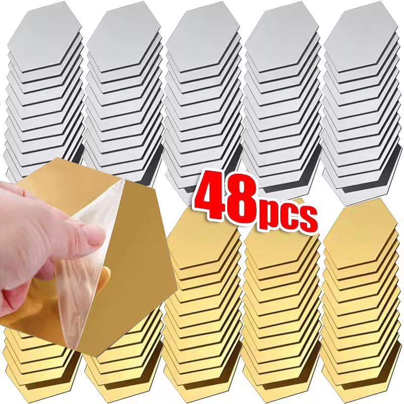 12/24/48 ชิ้นหกเหลี่ยม 3D กระจกสติ๊กเกอร์ติดผนัง - Self Sdhesive ไม่มี Punch อะคริลิค Art Mirrors