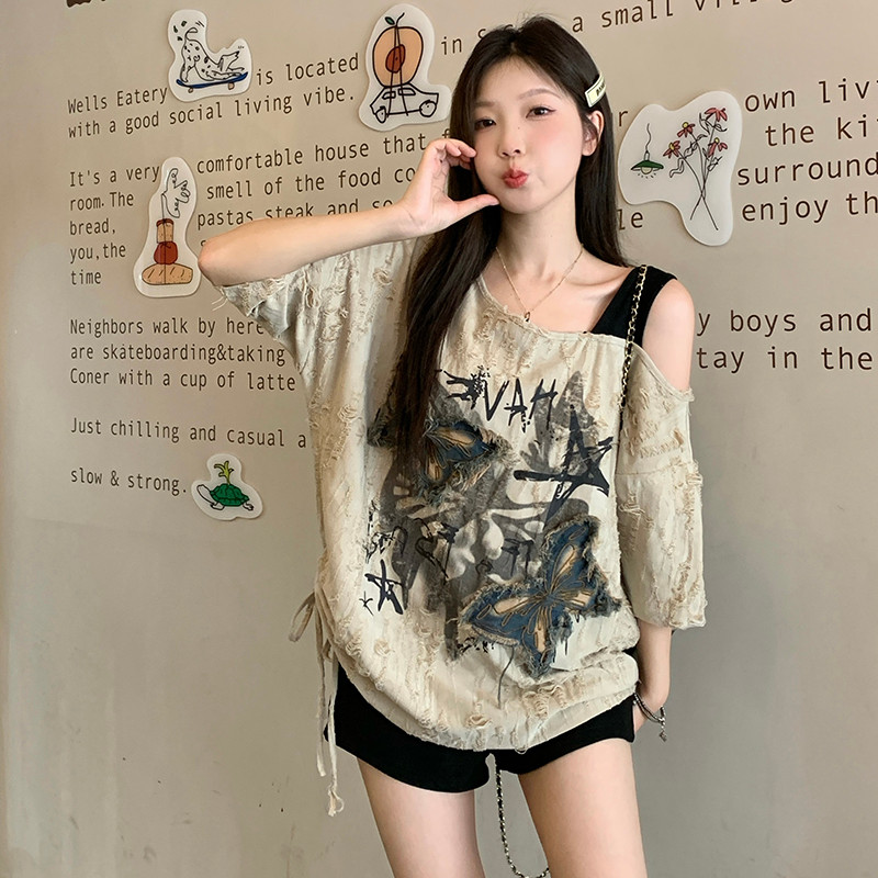 TAYCEN M-2XL เสื้อยืดผู้หญิง แขนสั้น ปิดไหล่ สไตล์เกาหลี ฝ้าย oversized งานปักผีเสื้อ