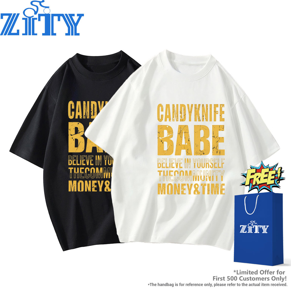 Cotton 100% 👩‍❤️‍👩🌻 ZITY เสื้อยืดคู่ OVERSIZE ทั้งชายหญิง ผู้ชาย-ผู้หญิง คอกลม ด้านหน้ามีลาย "Candy Knife Babe" 💏Podd0016