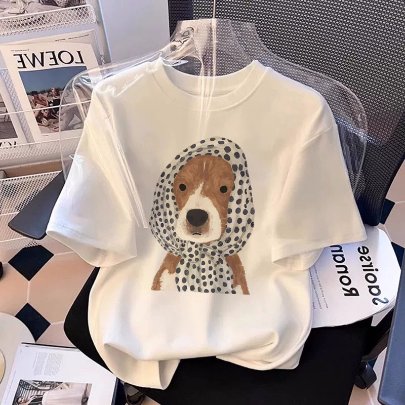 YOU-T🐶เสื้อยืดผู้หญิงคุณภาพดี เสื้อยืดสีขาว พิมพ์ลายสกรีน สวมใส่สบาย ผ้าฝ้าย 100% ลาย "Hooded dog" ไม่ต้องรีด สไตล์ลำลอง
